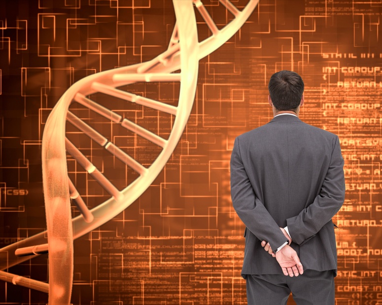Composite image of businessman standing with hands behind back standing next to dna spiral on orange background